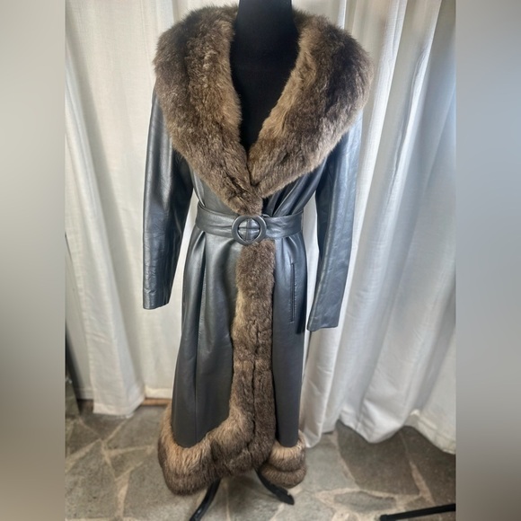 Vintage Leather Coat With Fur Trim Dusty Blue Genuine Leather